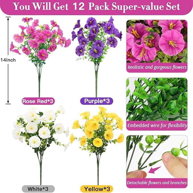 12 Bundles Artificial Flowers for Outdoors Decorations, Fake Flowers Artificial Plants Outdoor, Colorful Faux Morning Glory Eucalyptus Realistic UV Resistant for Garden Patio Porch Home Decor(Mutil1)