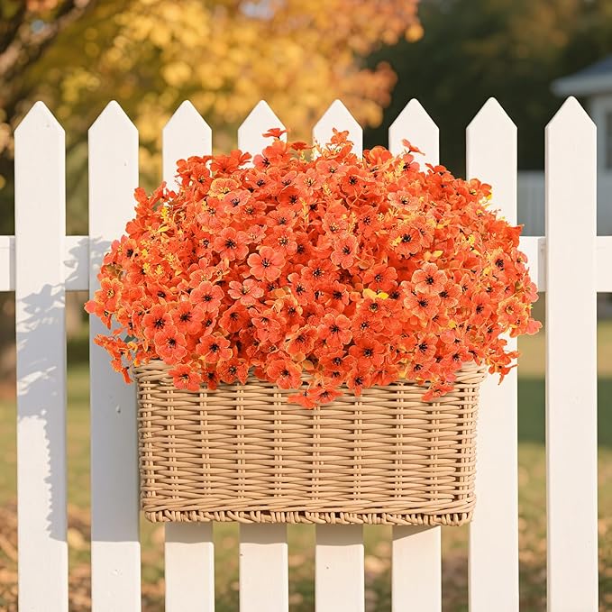 SHareconn 24 Bundles Artificial Fall Flowers for Outdoors Decoration,UV Resistant Silk Eucalyptus Lavender Faux Autumn Fake Plants for Outside Indoor Garden Yard Porch Home Decor,SunsetRedAutumnColour