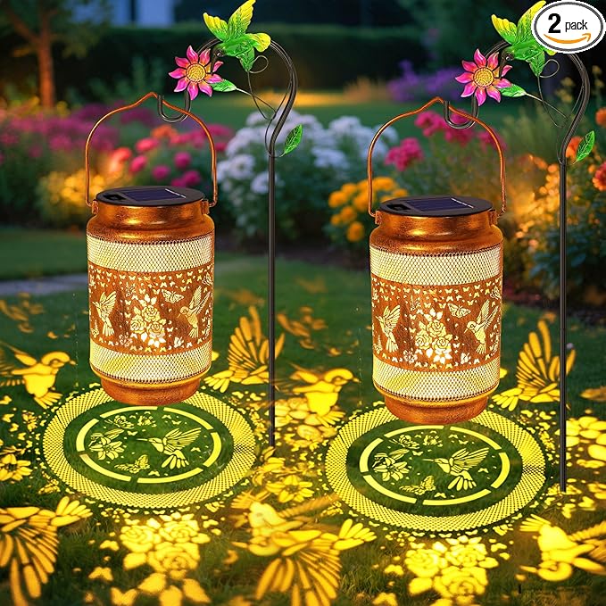 2 Pack Hummingbird Solar Lanterns Outdoor Waterproof Solar Garden Decor, Birthday Gifts for Christmas Women Mom Grandma, Metal Hanging Lights with Shepherd Hook for Yard Patio Pathway Backyard Porch