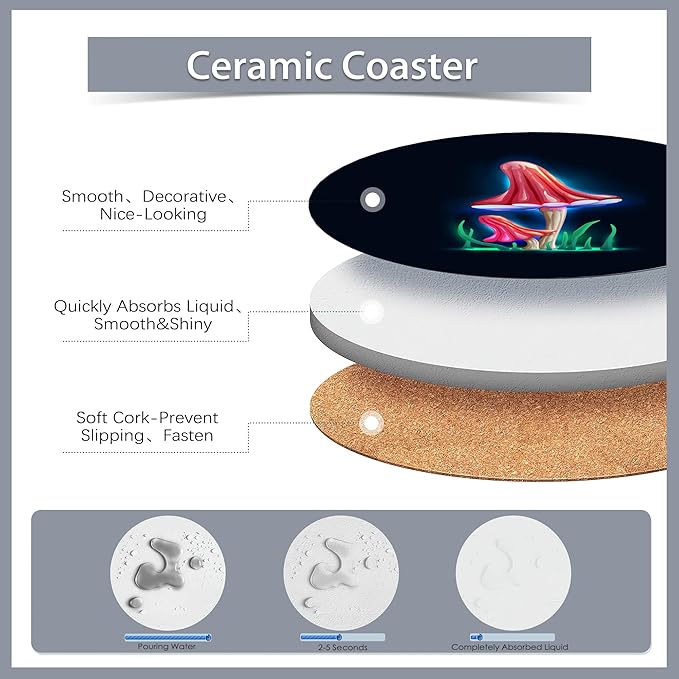6 Pcs Coasters for Drinks with Holder,Magical Glowing Mushrooms Absorbent Coaster with Cork Backing,Great Gift for Housewarming,Room Decor,Bar,Holiday Party