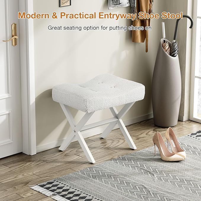 18-Inch Large Vanity Stool Chair, Vanity Bench with Metal X-Legs, Ottoman Accent Stool with Breathable and Soft Boucle Fabric Saddle Seat, White