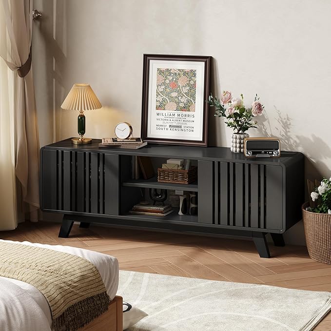 ONBRILL 63-Inch TV Stand for TVs up to 75 Inch, Mid-Century Modern Television Stand with Power Outlet， Entertainment Center with Sliding Grille Door Cabinets and Open Shelves for Living Room, Black