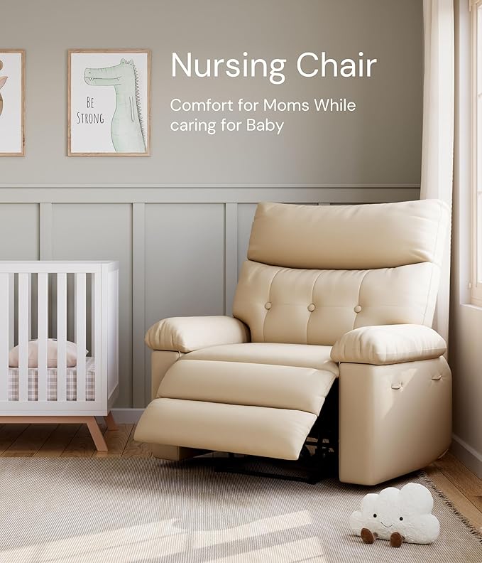 GarveeHome Oversized Recliner Chairs, Classic Manual Leather Recliner, Home Theater Seating with Lumbar & Arms Support for Living Room, Bedroom and Nursery - Beige