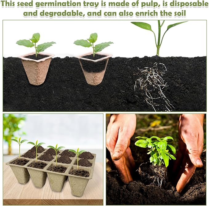 PINVNBY 432 Cells Seed Starter Tray 36 Packs Biodegradable Peat Pots for Seedlings Disposable Seedling Starter Trays with 36 Labels and 2 Transplant Tools