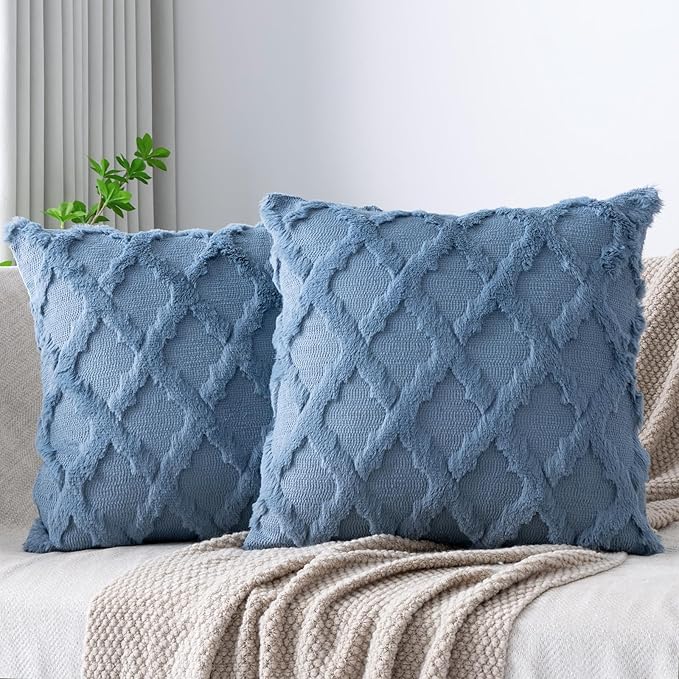 Set of 2 Soft Moroccan Throw Pillow Covers 16x16 Inch Plush Boho Decorative Pillow Cover Accent Cushion Case for Couch Sofa Bed, Grey Blue