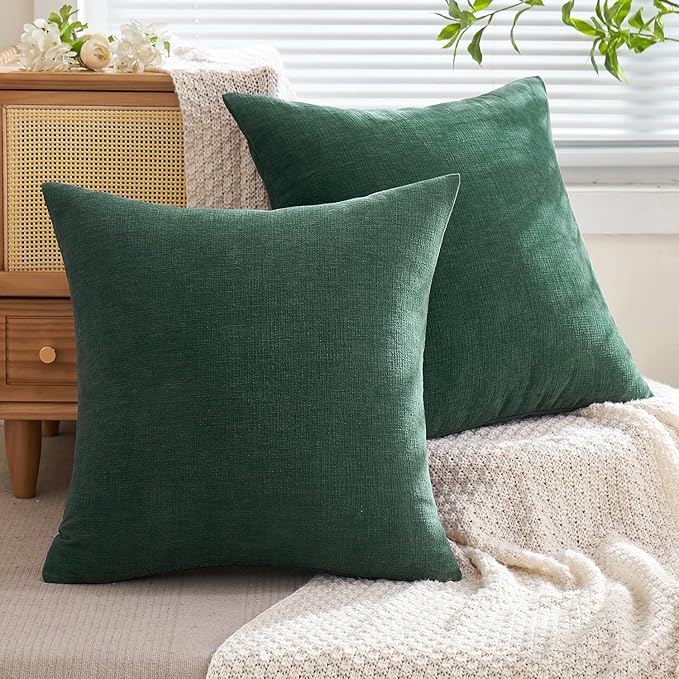 MIULEE Dark Green Couch Pillow Covers 16x16 Inch, Set of 2 Soft Chenille Decorative Square Throw Pillow Covers Christmas Farmhouse for Sofa Living Room Bed