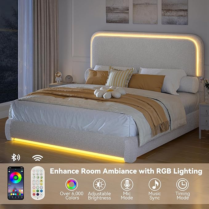 Torana Full Marshmallow Bed Frame with Headboard and Footboard, Curved Shaped Cloud Upholstered Beds with LED Lights, Teddy Fleece Bedframe with Soft Rounded Corners and Strong Slats Support, Cream