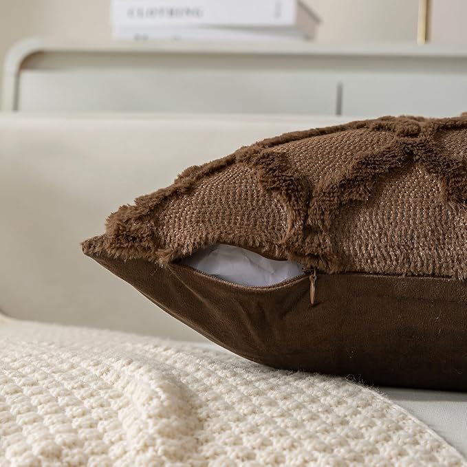 Set of 2 Soft Moroccan Throw Pillow Covers 20x20 Inch Plush Boho Decorative Pillow Cover Accent Cushion Case for Couch Sofa Bed, Deep Brown