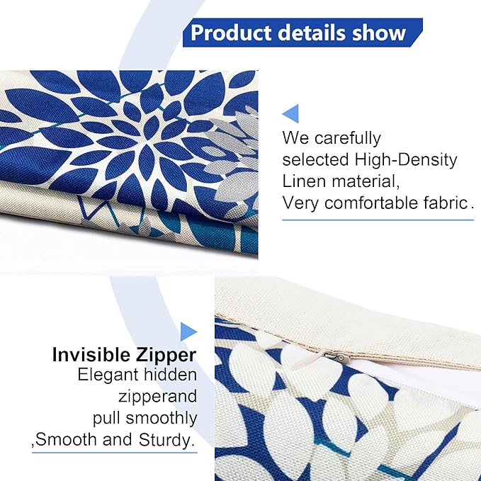 Blue Decorative Throw Pillow Covers 18x18 Inch Pillow Covers for Couch Living Room Bedroom Car Outdoor.Modern Sofa Throw Pillow Cover.Farmhouse Geometric Floral Linen Square Pillow Case.Set of 2