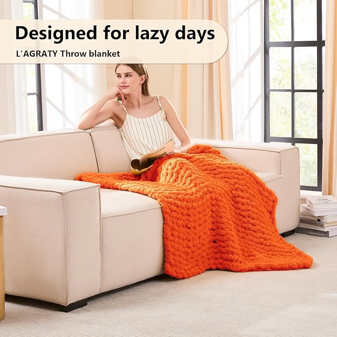L'AGRATY Chunky Knit Blanket Throw - Soft Chenille Yarn Throw Blanket 40x50： Handmade Thick Cable Knit Crochet Blanke - Large Knit Blanket Chunky Rope Knot Throw Blanket for Couch Sofa Bed Home Decor