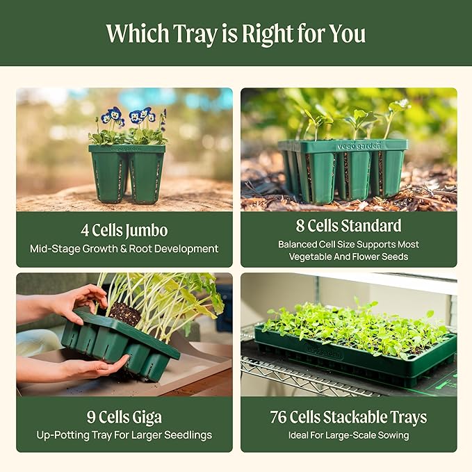 Vego garden Standard Seedling Trays Without Lids, 64 Pack for Seedlings Reusable Propagator Growing Starter Tray, Germination Trays Kit for Greenhouse/Garden (8-Cell per Tray)