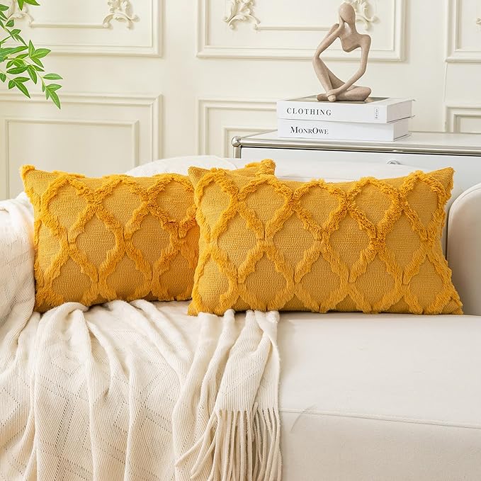 Set of 2 Soft Moroccan Throw Pillow Covers 12x20 Inch Plush Boho Decorative Pillow Cover Accent Cushion Case for Couch Sofa Bed, Mustard Yellow