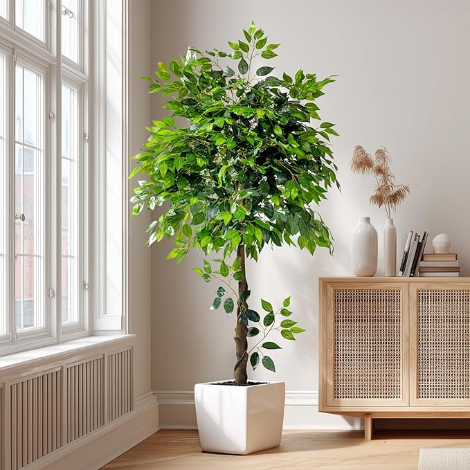 5ft Artificial Ficus Tree for Home Decor, Faux Silk Plants Faux Plant Fake Silk Trees with Pot for Indoor House Living Room Office Garden