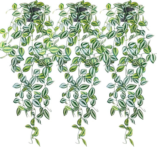 LOYWREE 3 Pack Fake Hanging Plants - Small Potted Plants with Green Eyebrow-Leaf Trailing Vines, Indoor Outdoor Aesthetic Decor for Office, Living Room Shelf & Home Accent (Black Pot)