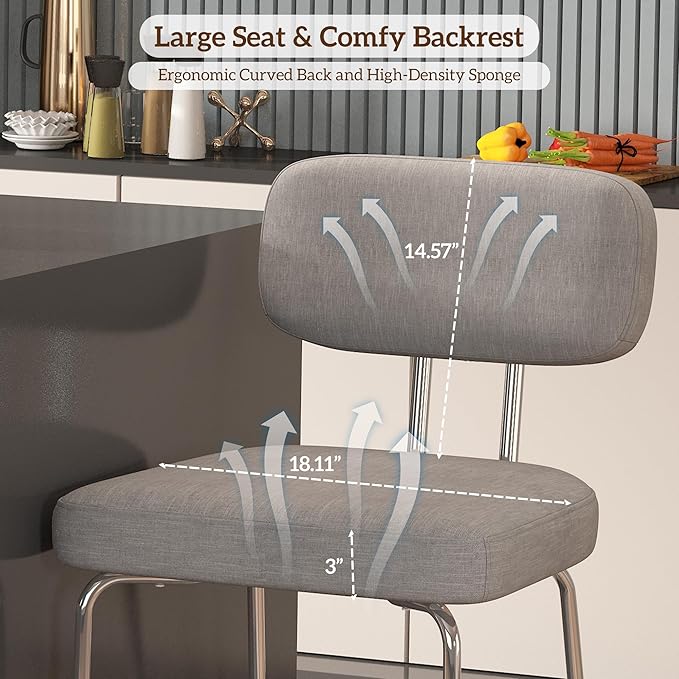 Counter Height Bar Stools Set of 3, 26" Gray Fabric Kitchen Counter Stools with Backs, Metal Legs, Footrest and Wide Seat, Bar Chairs for Kitchen Island