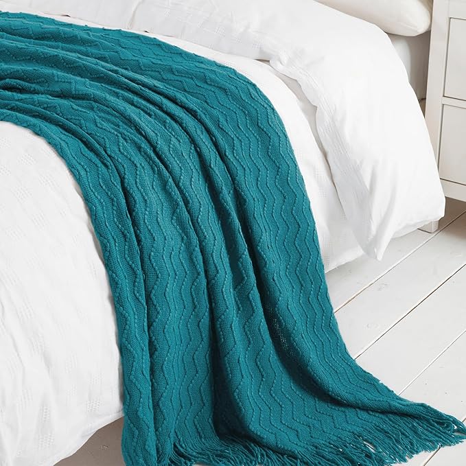 BOURINA Teal Throw Blanket 50x60 Inches Throw Textured Solid Soft Sofa Couch Decorative Knit Blanket
