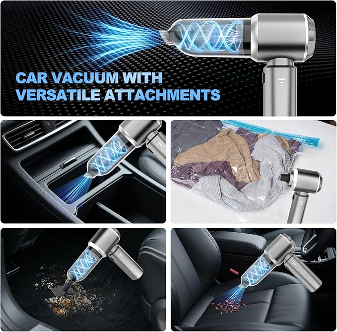 Mini Car Vacuum Cleaner, 4 in 1 Cordless Vacuum Cleaner, 22000PA High Power Portable Car Vacuum with Brushless Motor, for Home, Office, Camping (Gray Silver)