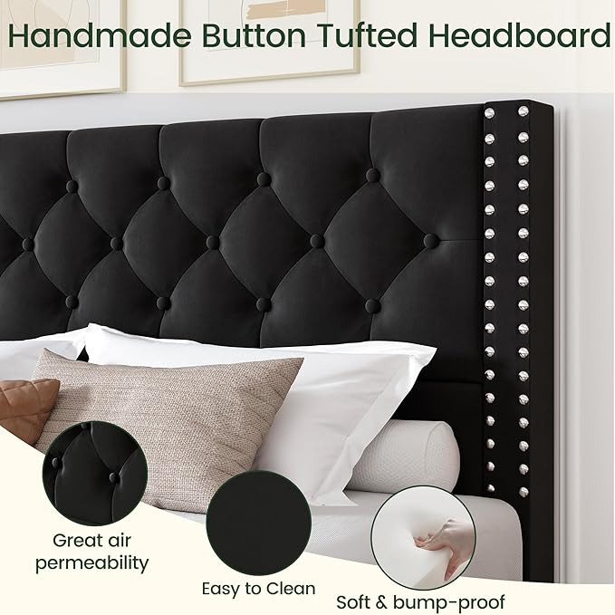 LARMACE Queen Size Platform Bed Frame with 4 Storage Drawers and Tufted Headboard Velvet Upholstered Bed Frame with Heavy Duty Wood Slats, No Box Spring Needed, Easy Assembly, Black