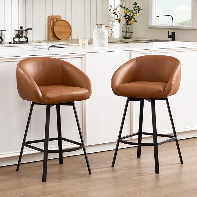 Zesthouse Swivel Counter Height Stools Set of 2, Modern Bar Stools for Kitchen Island, 26" Upholstered Kitchen Counter Height Barstools with Barrel Arms & Backs, Brown Faux Leather Bar Chairs