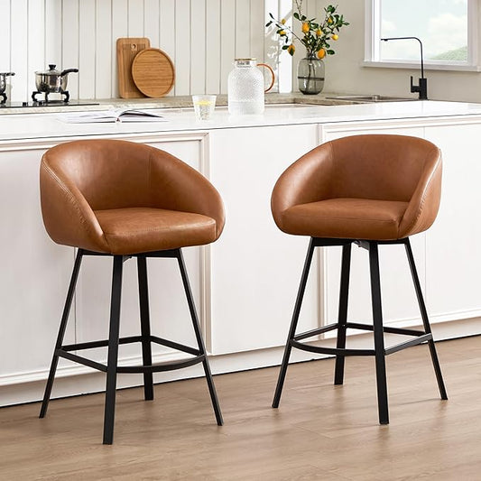 Zesthouse Swivel Counter Height Stools Set of 2, Modern Bar Stools for Kitchen Island, 26" Upholstered Kitchen Counter Height Barstools with Barrel Arms & Backs, Brown Faux Leather Bar Chairs