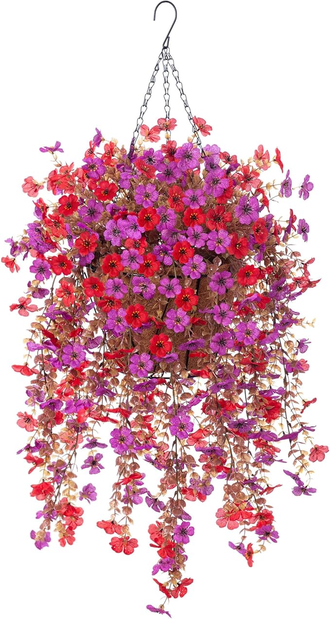 Fall Flowers Artificial for Decoration,Artificial Flowers for Outdoors,Autumn Fake Plants Home Decor Thanksgiving Realistic Silk Daisy,Fall Leaves UV Resistant Garden Courtyard Patio (Red Purple)