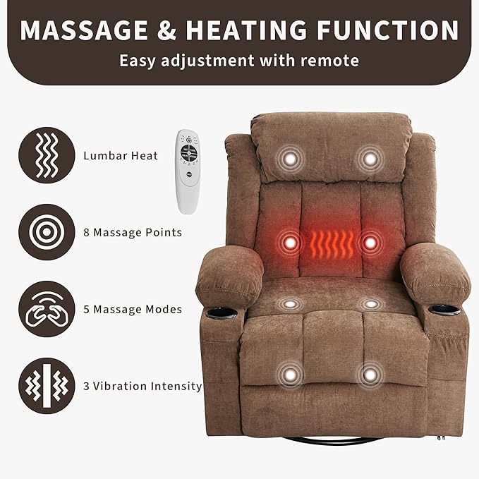 GarveeHome 360° Swivel Rocker Recliner Chair with Heat Massage, Widen Overstuffed Single Sofa Lounge Chair with 3 Positions 2 Side Pockets Cup Holders USB Ports Remote Control Brown