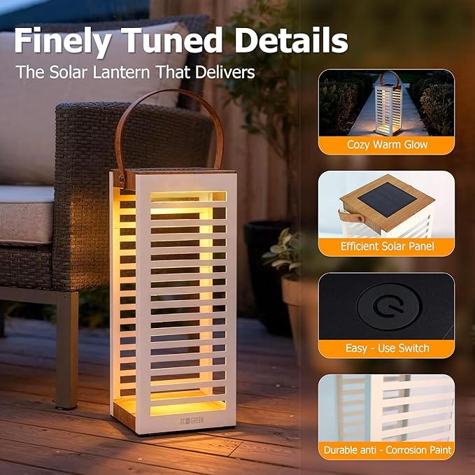 Solar Lantern with Handle - Outdoor Metal Solar Light (7.87×19.69"), Waterproof & Rustproof, 8H Auto-On Warm White Light, Portable for Patio, Porch, Balcony & Garden Decor (White - 1 Pack)