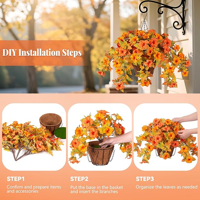 Artificial Fake Fall Flowers with Hanging Basket for Outdoor Fall Decoration, Silk Faux Flowers UV Resistant Fake Plants for Home Porch Patio Garden Window Box Autumn Decor Look Real (Orange)