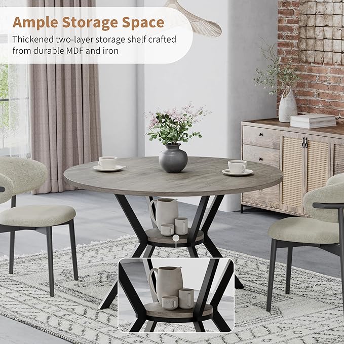 Round Dinner Table for 4, 42 Inch Kitchen & Dining Room Table with Storage, Wooden Circle Dining Table, Mid Century Modern Dining Table with Metal Legs for Kitchen, Living Room, Dining Room, Grey