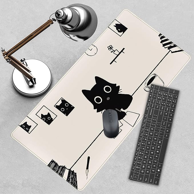Aesthetic Beige White Anime Desk Mat Mouse Pad Cute Kawaii Minimalist Black Cartoon Cat XXL Large Extended Gaming Mousepad Desk Pad, PC Laptop Keyboard and Mouse Mat for Women Desk 31.5x15.75 in