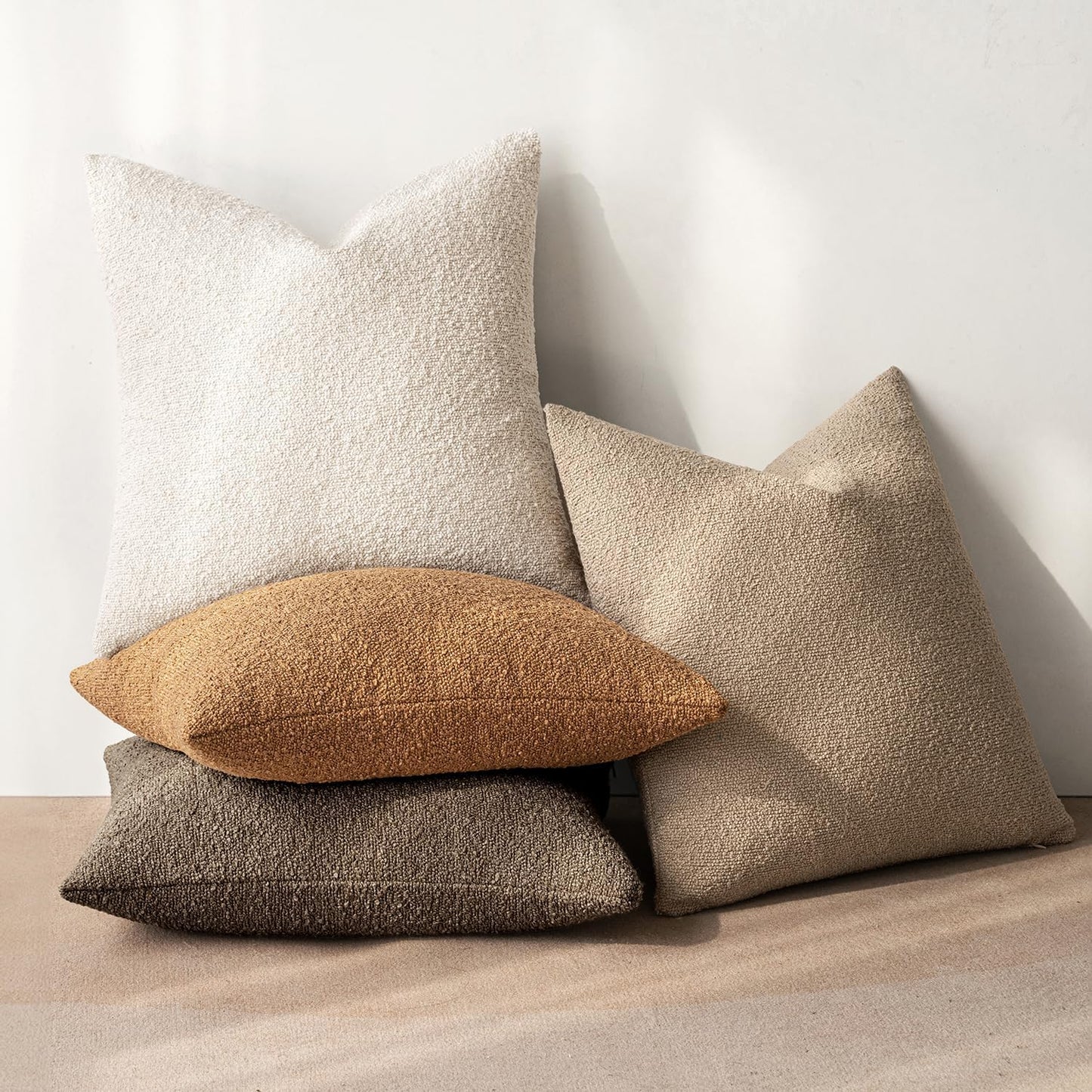 MIULEE Pack of 4 Decorative Textured Boucle Throw Pillow Covers 20x20 Inch Neutral Brown Accent Solid Pillow Cases Couch Cushion Covers for Modern Farmhouse Boho Chair Sofa Bed Livingroom Home Decor