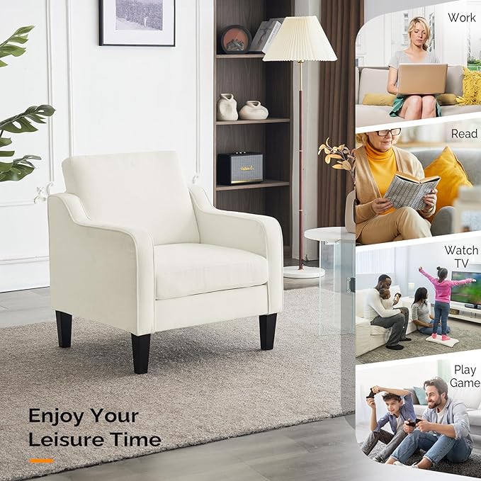 VINGLI Mid Century Modern Accent Chairs for Living Room & Reading - Soft Chenille Upholstered Arm & Side Chairs (Creamy White)