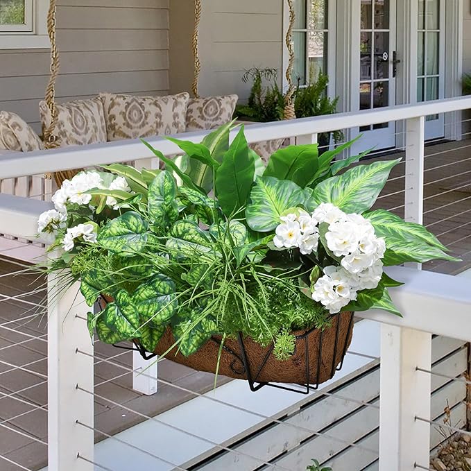10 Bundles Artificial Greenery Plants & Flowers for Outdoor UV Resistant Fake Plants Plastic Leaves with Stems for Outside Garden Porch Decor (Mixed-White)
