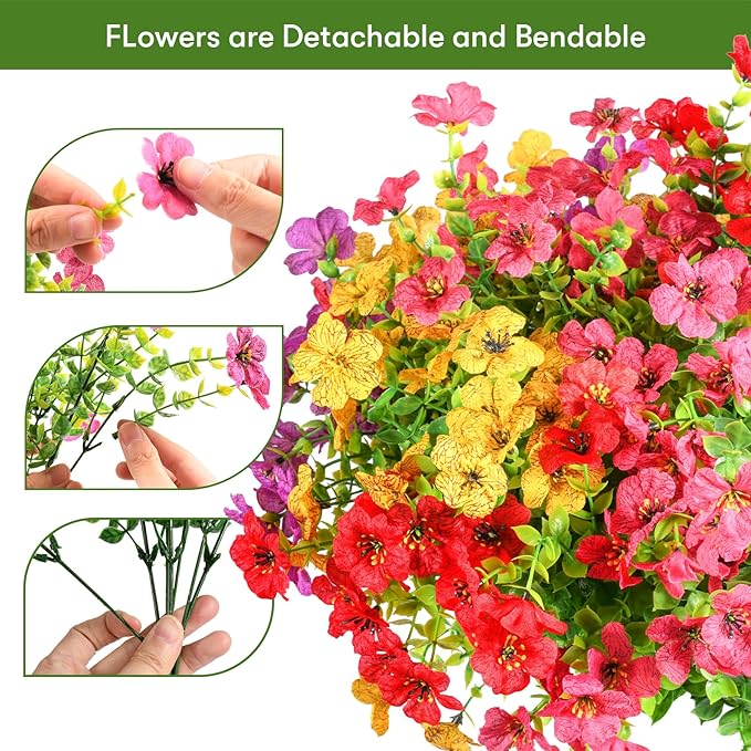 12 Bundles Artificial Flowers Faux Plants Flowers for Outdoor Spring Summer Decoration UV Resistant Artificial Plastic Plants Silk Flowers for Home Planter Porch Window Box Yard