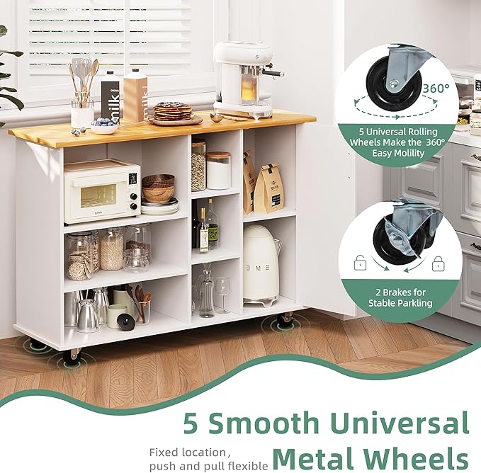 Shintenchi 47”W Kitchen Storage Island Cart with 6 Open Shelves and 1 Cabinet, Portable Trolley Cart with Wood Work Top and Handle/Towel Rack, White