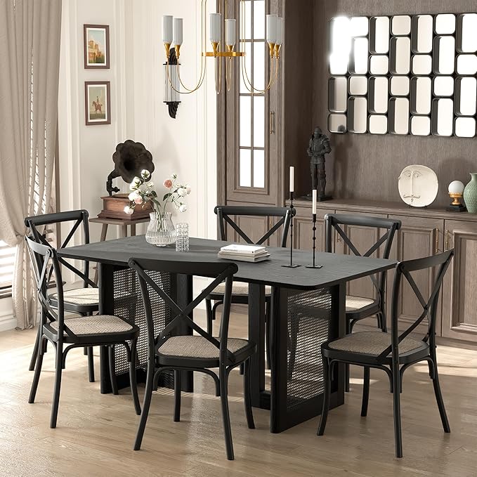 Casaphoria 67" Dining Table, Modern Kitchen Table for 4-6, Farmhouse Style with Rectangular Top & Rattan Legs, Easy Assembly for Living Room, Kitchen, Bar, Black