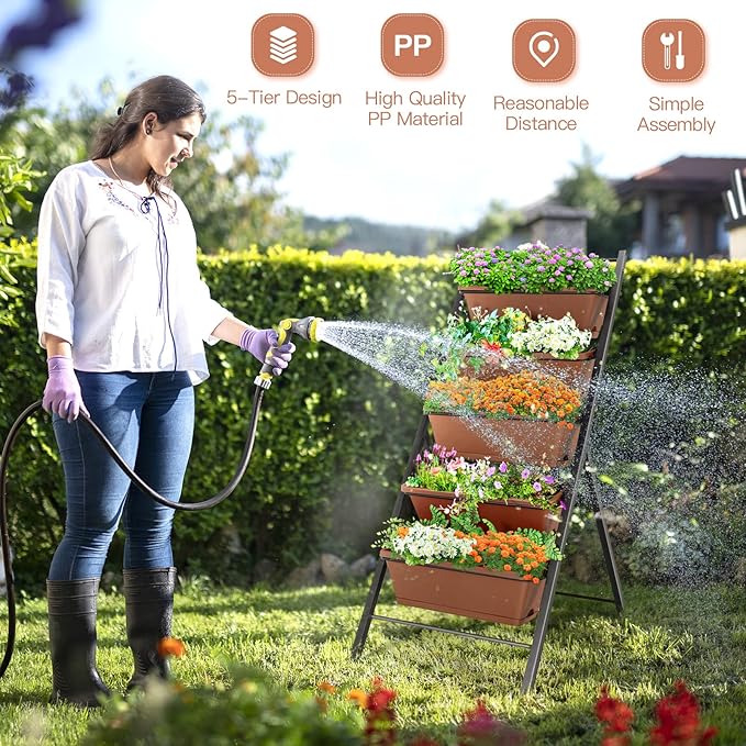 Safstar 5-Tier Vertical Raised Garden Bed, Freestanding Garden Planter with 5 Container Boxes, Elevated Planter for Vegetables, Fruits, Flowers, Herbs, Good for Indoor & Outdoor Use (Brown, 1)