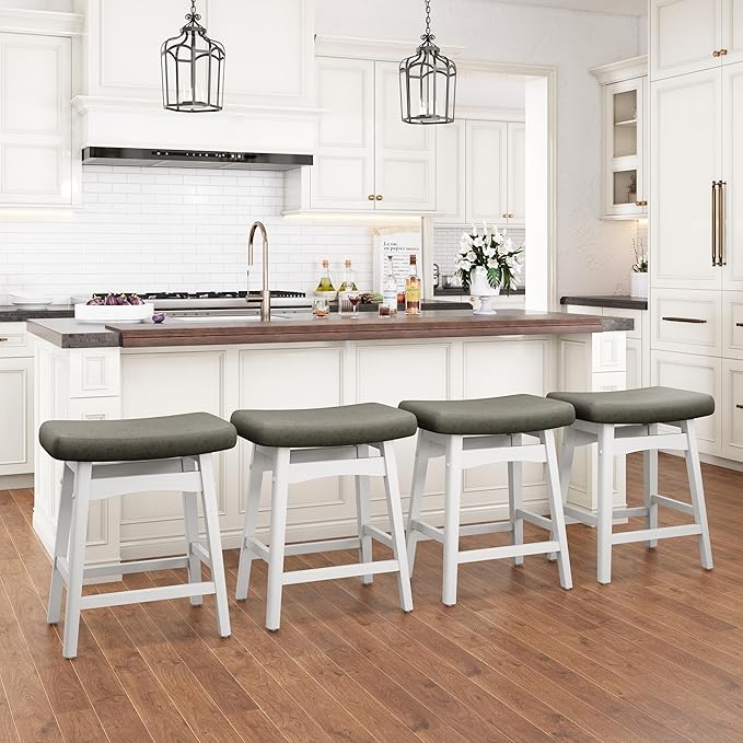 PHI VILLA Counter Height Bar Stools Set of 4 - Farmhouse Barstools with Upholstered Saddle Seat and Solid Wood Legs, Kitchen Counter Island Stools