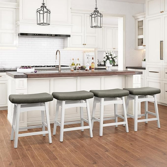PHI VILLA Counter Height Bar Stools Set of 4 - Farmhouse Barstools with Upholstered Saddle Seat and Solid Wood Legs, Kitchen Counter Island Stools