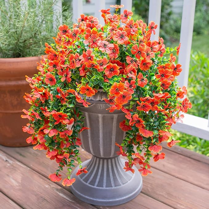 INSPRING Fall Fake Mums Artificial Flowers Hanging Decoration for Outdoors, 2Pcs Orange Daisy with Autumn Eucalyptus Leaves, Realistic Plants Decor, Silk Flower for Porch Patio Balcony Planter Yard