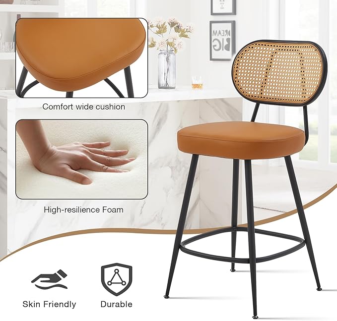 BFZ Counter Height Bar Stools Set of 4, 26" Seat Height Barstools with Rattan Back and Metal Legs, Upholstered Faux Leather Bar Chairs for Kitchen Island, Home Bar, Brown
