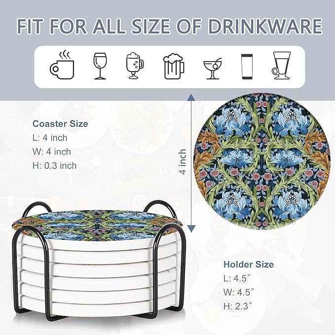 Coaster for Drinks Set of 6, Vintage Flower Absorbing Round Ceramic Stone Coaster with Cork Base,Tabletop Protection Mat for Mugs and Cups,Coffee Table Wine Glass Home Bar 4 Inch