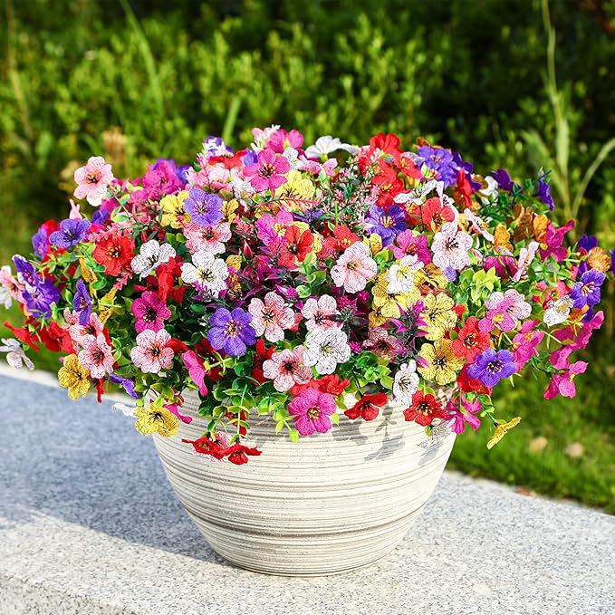 SHareconn 48 Bundles Artificial Flowers for Outdoors, Faux Plants Fake Silk Colorful Daisy Eucalyptus Lavender, UV Resistant for Outside Home Porch Patio Spring Decor, RedRosyPurpleYellowPinkWhite