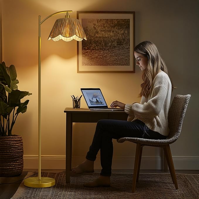 Oneach Arc Floor Lamp for Living Room,Rattan Boho Floor Lamp with Hand-Woven Shade, Foot Switch,Gold Metal Base & Pole,Farmhouse Standing Lamp for Bedroom Corner,Reading