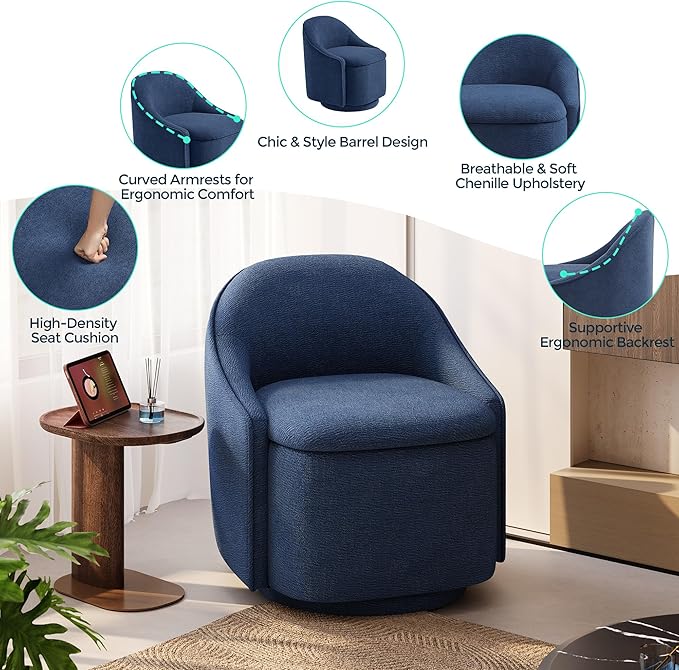 LINSY Swivel Accent Chair with Storage Comfy Chenille Barrel Chairs, Small 360 Swivel Modern Armchair for Living Room Bedroom, Boucle Reading Chair for Study Room (Blue)