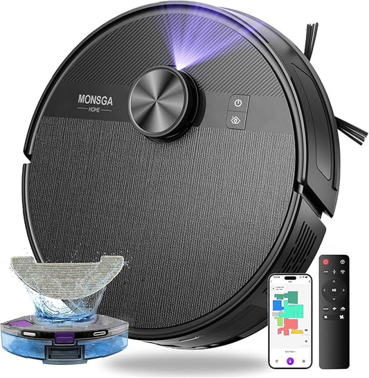 MONSGA Robot Vacuum and Mop Combo, 5000Pa Robotic Vacuum with Lidar Navigation, 180mins Runtime, Tangle-Free Robot Mop, 5 Editable Maps, APP/Remote/Voice Control, Ideal for Hard Floors and Carpets