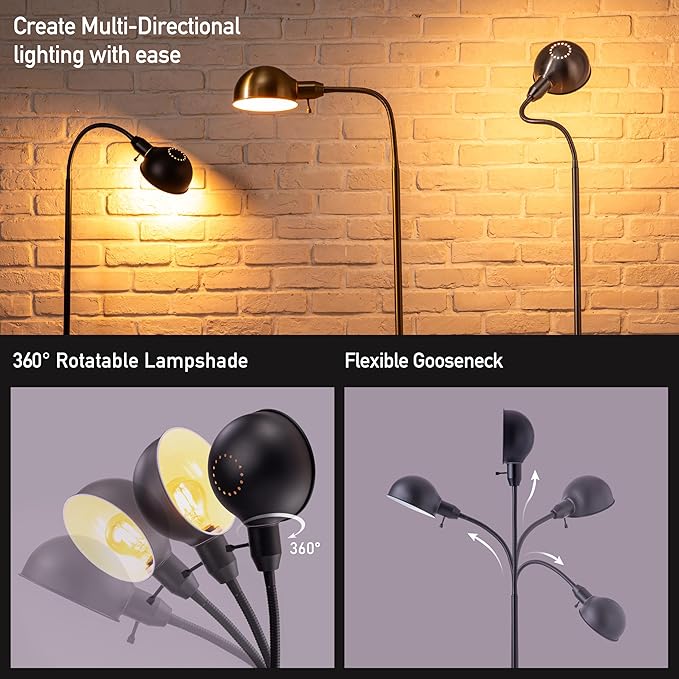 O'Bright Nova - Adjustable Floor Lamp with Flexible Gooseneck and Rotatable Shade, E26 Socket, 10-Inch Base - Ideal for Reading, Bedside, Living Room, Black