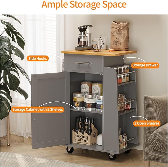 Shintenchi Small Kitchen Island on Wheels with 3-Tier Side Spice Rack and Rubber Wood Top, Trolley Cart with Storage Cabinet & Drawer and Handle/Towel Rack, Gray