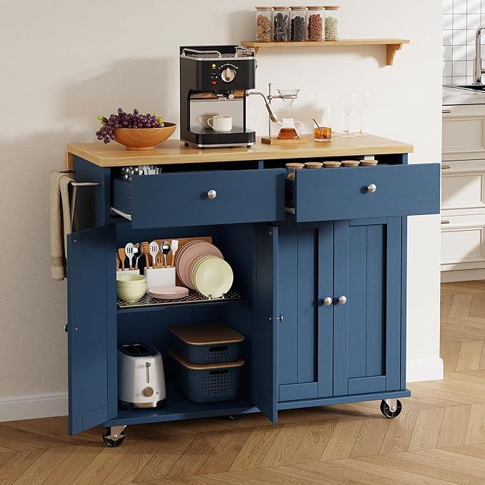 Shintenchi Kitchen Island with Drop Leaf, Rolling Kitchen Cart with Storage on Wheels, Table Bar Cart for Kitchen with Towel Rack & Seating Area for Dining Room, Blue