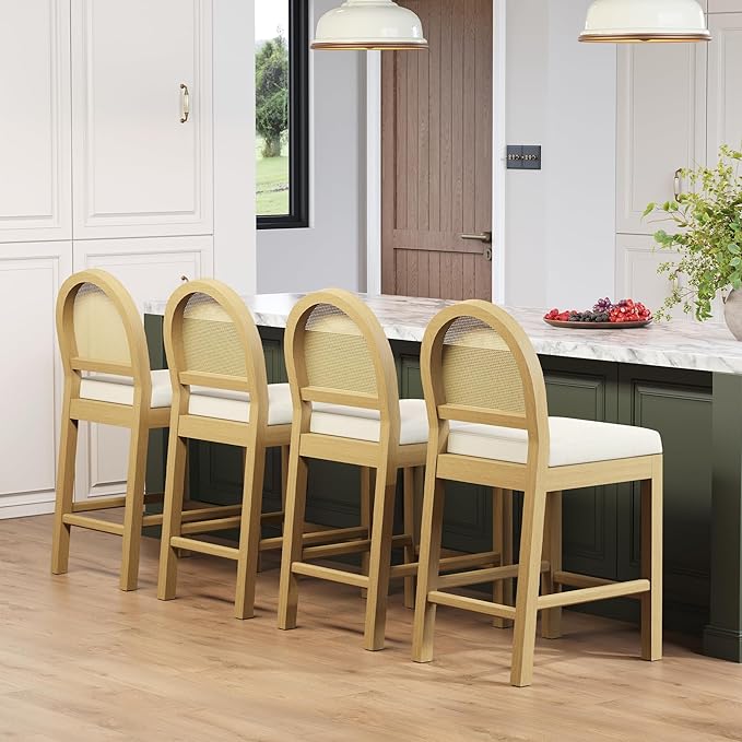 STHOUYN Upholstered Rattan Bar Stools Set of 4, Wooden Counter Height Stools with Natural Rattan Woven Back and Chenille Seat, Mid-Century Modern Island Chairs Barstools for Kitchen (4, Cream White)